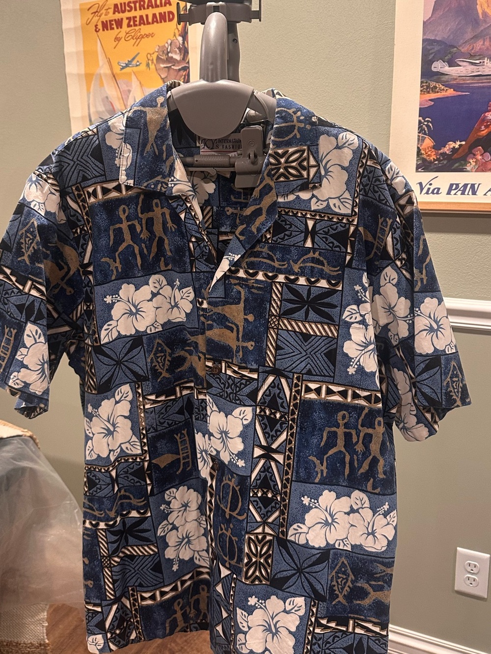 Men's Blue Hawaiian Print Short-Sleeve Shirt-Size XL